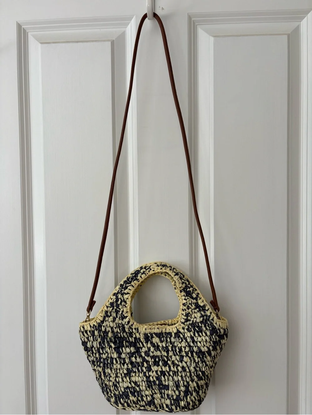 NWT, J Crew Small Handwoven Tote, Yellow & Navy Marled Straw, Leather Trim